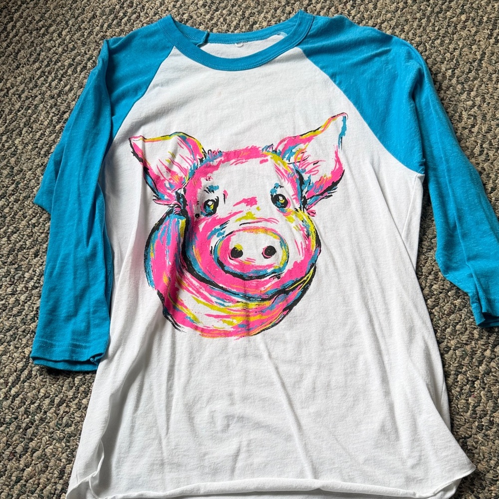 Girls' White Raglan Tee with Bright Pink Pig Graphic and Turquoise Sleeves